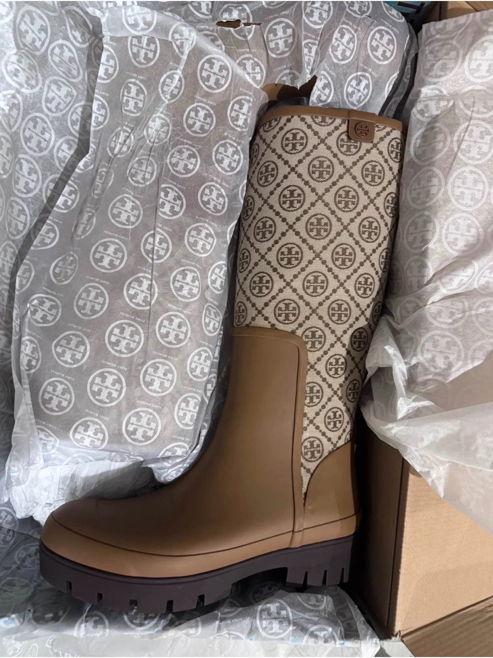 Tory Burch Tan Logo-Print Heeled Rain Boot